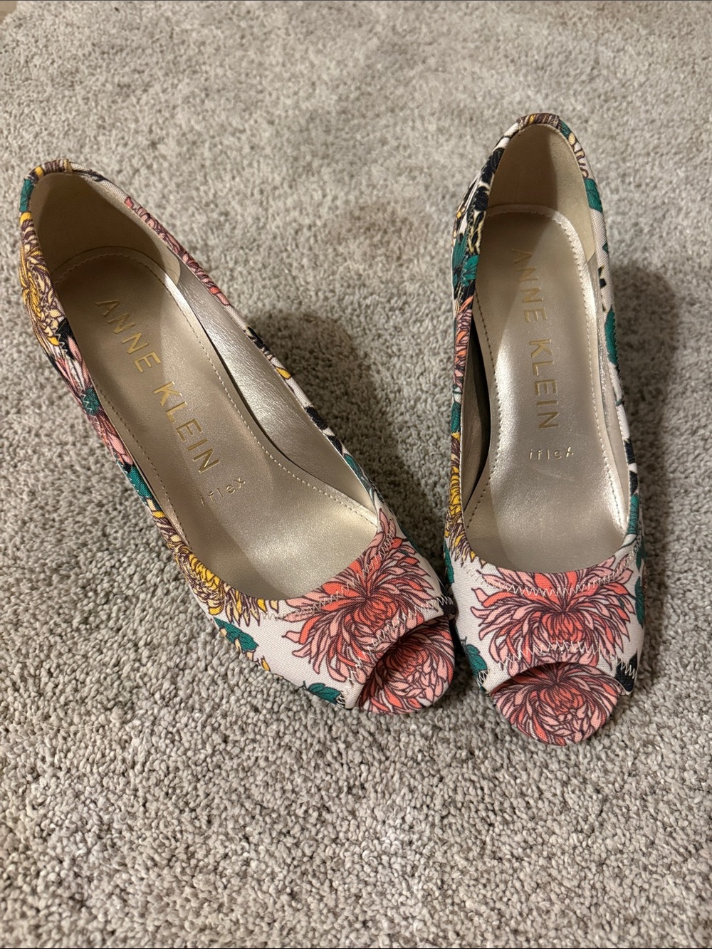 Anne Klein Floral Peep-Toe Pumps in White with Pink & Green